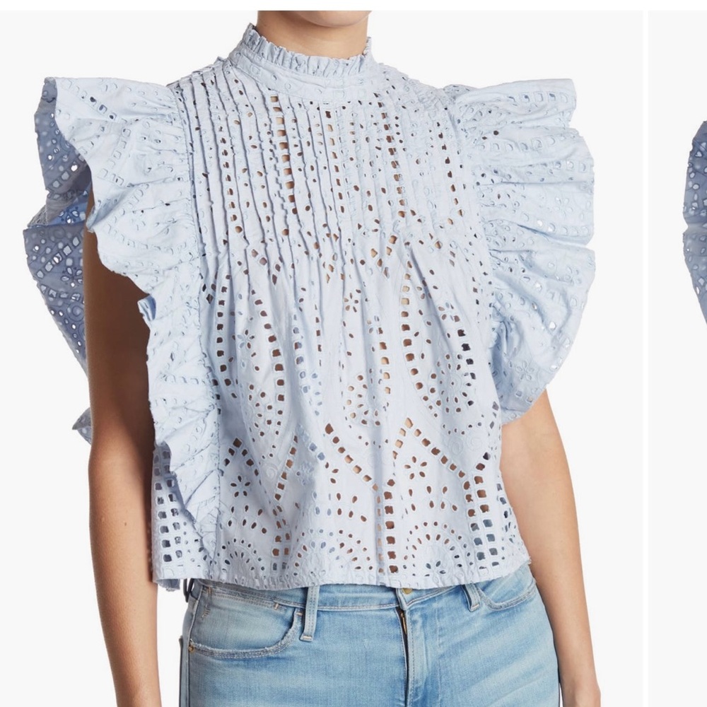Ganni
Laser-Cut Ruffle Poplin Blouse like new, baby blue US SIZE 6 / 38 EU